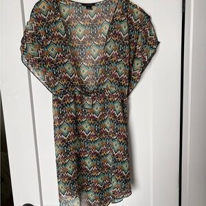 Sheer Aztec Print V-Neck Tunic Top - Multicolor - swim coverup